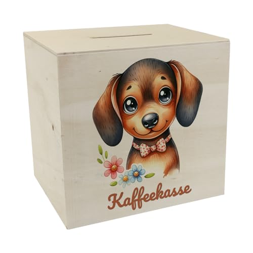 Dackel mit Schleife Spardose aus Holz mit Spruch Kaffeekasse Niedlicher Dackel Spardose aus Holz für Hundesalon Süßes Hund Tier Gesichtsausdruck Freundlich Verspielt